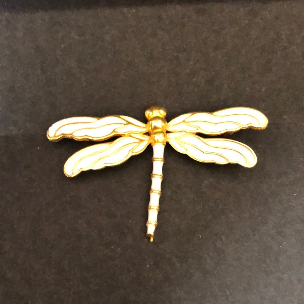 Dragonfly Brooch Gold White Tone